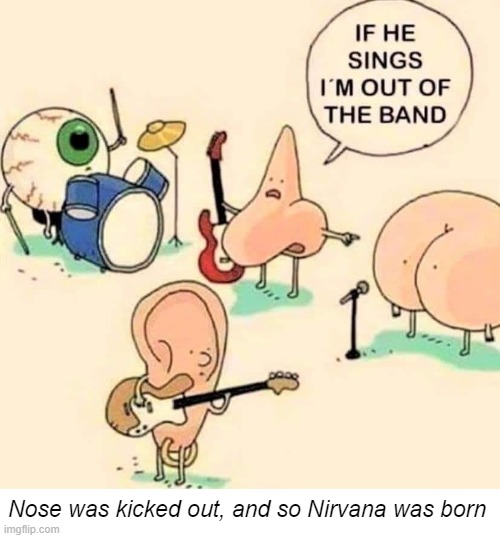 Yeah I said it | Nose was kicked out, and so Nirvana was born | image tagged in cartoons,funny,rock music,nirvana | made w/ Imgflip meme maker