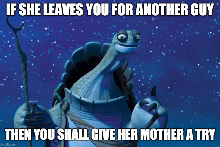 I made this image while listening to a kung fu panda song known as "oogway ascends" | IF SHE LEAVES YOU FOR ANOTHER GUY; THEN YOU SHALL GIVE HER MOTHER A TRY | image tagged in master oogway | made w/ Imgflip meme maker