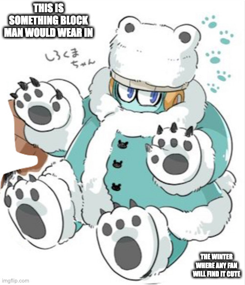 Block Man in a Polar Bear Suit | THIS IS SOMETHING BLOCK MAN WOULD WEAR IN; THE WINTER WHERE ANY FAN WILL FIND IT CUTE | image tagged in blockman,megaman,memes | made w/ Imgflip meme maker