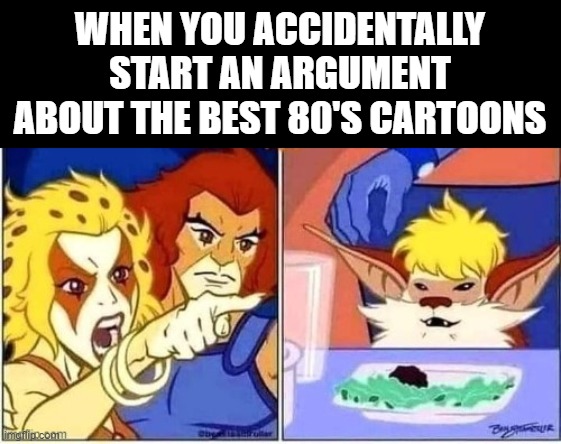 WOMAN ARGUING WITH CAT | WHEN YOU ACCIDENTALLY START AN ARGUMENT ABOUT THE BEST 80'S CARTOONS | image tagged in arguing,thundercats | made w/ Imgflip meme maker