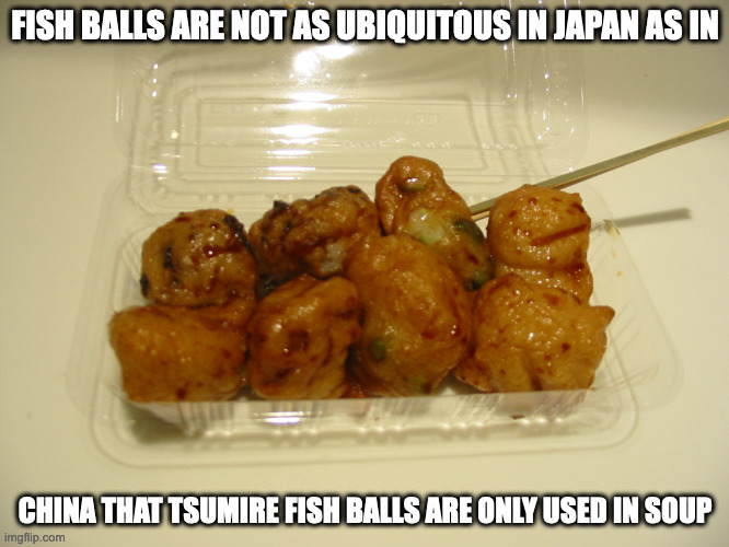 Fried Tsumire | FISH BALLS ARE NOT AS UBIQUITOUS IN JAPAN AS IN; CHINA THAT TSUMIRE FISH BALLS ARE ONLY USED IN SOUP | image tagged in food,memes | made w/ Imgflip meme maker