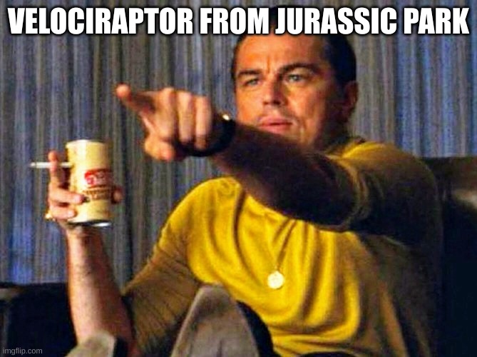 Leonardo Dicaprio pointing at tv | VELOCIRAPTOR FROM JURASSIC PARK | image tagged in leonardo dicaprio pointing at tv | made w/ Imgflip meme maker