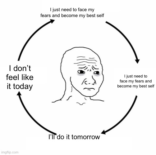 Sad wojak cycle | I just need to face my fears and become my best self I just need to face my fears and become my best self I’ll do it tomorrow I don’t feel l | image tagged in sad wojak cycle | made w/ Imgflip meme maker