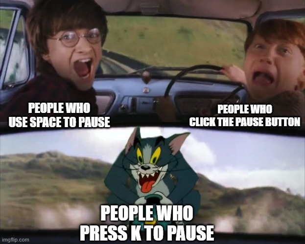 Tom chasing Harry and Ron Weasly | PEOPLE WHO CLICK THE PAUSE BUTTON; PEOPLE WHO USE SPACE TO PAUSE; PEOPLE WHO PRESS K TO PAUSE | image tagged in tom chasing harry and ron weasly | made w/ Imgflip meme maker