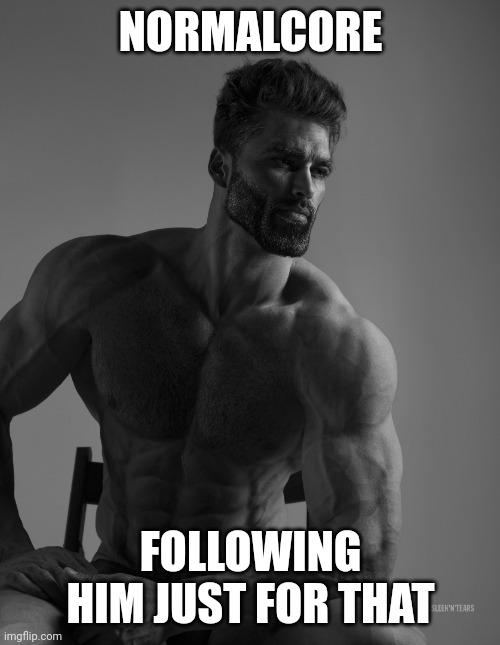 Giga Chad | NORMALCORE FOLLOWING HIM JUST FOR THAT | image tagged in giga chad | made w/ Imgflip meme maker