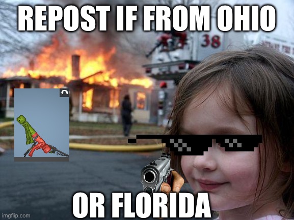 Disaster Girl | REPOST IF FROM OHIO; OR FLORIDA | image tagged in memes,disaster girl | made w/ Imgflip meme maker