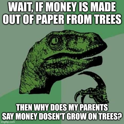 Wait what...? | WAIT, IF MONEY IS MADE OUT OF PAPER FROM TREES; THEN WHY DOES MY PARENTS SAY MONEY DOSEN'T GROW ON TREES? | image tagged in memes,philosoraptor | made w/ Imgflip meme maker