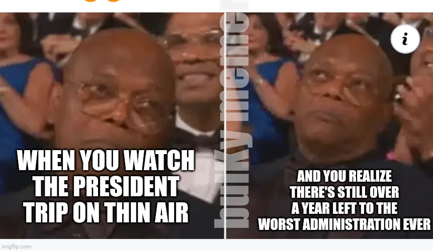 What a terrible administration the worst in history | bulKy memery; AND YOU REALIZE THERE'S STILL OVER A YEAR LEFT TO THE WORST ADMINISTRATION EVER; WHEN YOU WATCH THE PRESIDENT TRIP ON THIN AIR | image tagged in sad sam bored samuel | made w/ Imgflip meme maker
