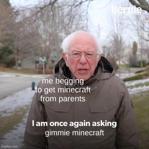 when you a kid and parents say no minecraft | me begging to get minecraft from parents; gimmie minecraft | image tagged in memes,bernie i am once again asking for your support | made w/ Imgflip meme maker