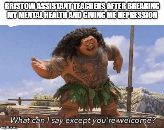 What can I say except you're welcome? | BRISTOW ASSISTANT TEACHERS AFTER BREAKING MY MENTAL HEALTH AND GIVING ME DEPRESSION | image tagged in what can i say except you're welcome | made w/ Imgflip meme maker