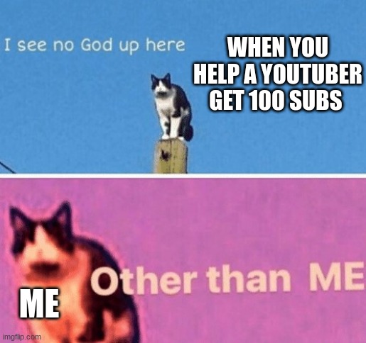I got him 50 subs!!!!!!!!!!!!! (just happened today) | WHEN YOU HELP A YOUTUBER GET 100 SUBS; ME | image tagged in no god up here cat | made w/ Imgflip meme maker