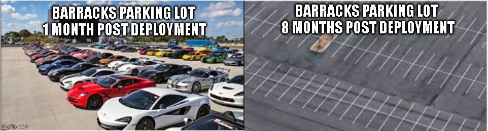 Barracks truther | BARRACKS PARKING LOT 
8 MONTHS POST DEPLOYMENT; BARRACKS PARKING LOT 
1 MONTH POST DEPLOYMENT | image tagged in us army | made w/ Imgflip meme maker