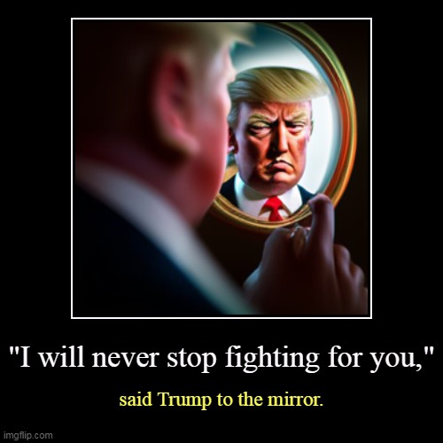 But his boxes! | "I will never stop fighting for you," | said Trump to the mirror. | image tagged in funny,demotivationals,trump,selfish,malignant narcissist | made w/ Imgflip demotivational maker