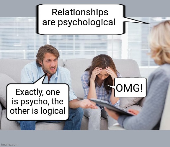 Psycho Logical Therapy | Relationships are psychological; OMG! Exactly, one is psycho, the other is logical | image tagged in couples therapy,psychology,psycho,logic,couples | made w/ Imgflip meme maker