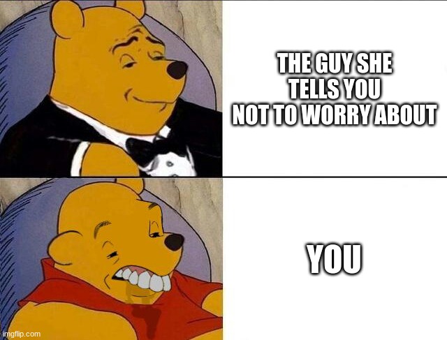 Tuxedo Winnie the Pooh grossed reverse | THE GUY SHE TELLS YOU NOT TO WORRY ABOUT; YOU | image tagged in tuxedo winnie the pooh grossed reverse | made w/ Imgflip meme maker