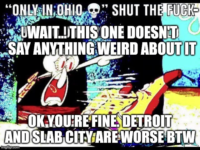 Only in ohio shut up you 9 year old | WAIT... THIS ONE DOESN'T SAY ANYTHING WEIRD ABOUT IT OK YOU'RE FINE. DETROIT AND SLAB CITY ARE WORSE BTW - | image tagged in only in ohio shut up you 9 year old | made w/ Imgflip meme maker