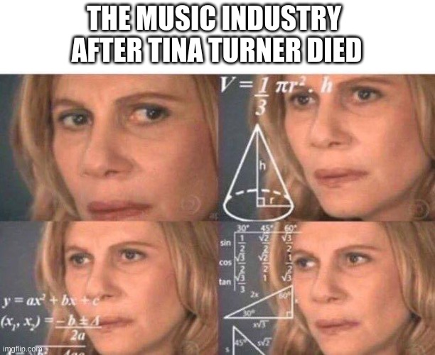 Math lady/Confused lady | THE MUSIC INDUSTRY 
AFTER TINA TURNER DIED | image tagged in math lady/confused lady | made w/ Imgflip meme maker