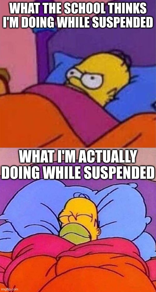 WHAT THE SCHOOL THINKS I'M DOING WHILE SUSPENDED; WHAT I'M ACTUALLY DOING WHILE SUSPENDED | image tagged in angry homer simpson in bed,homer simpson sleeping peacefully | made w/ Imgflip meme maker