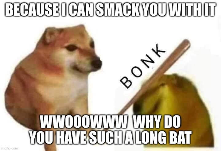Doge bonk | BECAUSE I CAN SMACK YOU WITH IT; WWOOOWWW  WHY DO YOU HAVE SUCH A LONG BAT | image tagged in doge bonk | made w/ Imgflip meme maker