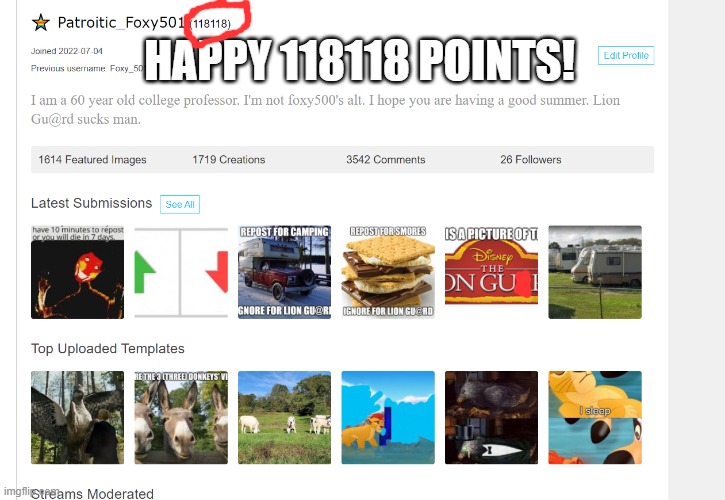 Patroitic_Foxy501 profile | HAPPY 118118 POINTS! | image tagged in patroitic_foxy501 profile | made w/ Imgflip meme maker