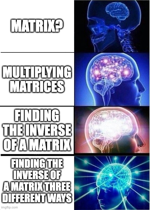 Expanding Brain | MATRIX? MULTIPLYING MATRICES; FINDING THE INVERSE OF A MATRIX; FINDING THE INVERSE OF A MATRIX THREE DIFFERENT WAYS | image tagged in memes,expanding brain | made w/ Imgflip meme maker