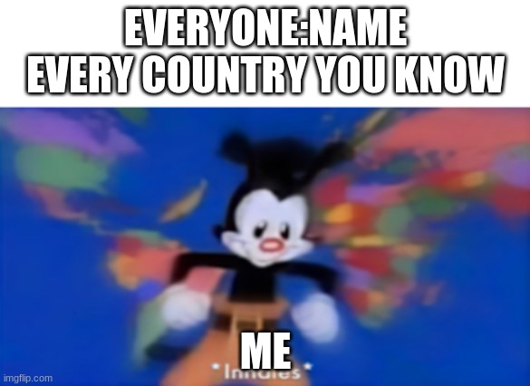 Yakko inhale | EVERYONE:NAME EVERY COUNTRY YOU KNOW; ME | image tagged in yakko inhale | made w/ Imgflip meme maker