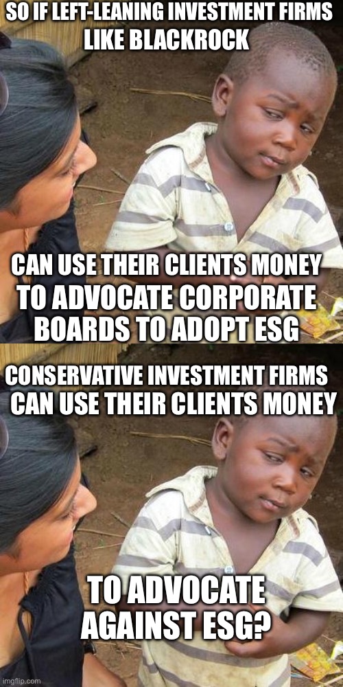 Investment | SO IF LEFT-LEANING INVESTMENT FIRMS; LIKE BLACKROCK; CAN USE THEIR CLIENTS MONEY; TO ADVOCATE CORPORATE BOARDS TO ADOPT ESG; CONSERVATIVE INVESTMENT FIRMS; CAN USE THEIR CLIENTS MONEY; TO ADVOCATE AGAINST ESG? | image tagged in memes,third world skeptical kid | made w/ Imgflip meme maker