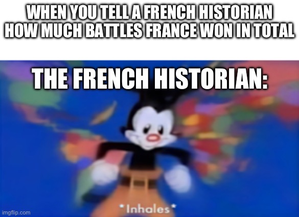 Eeee | WHEN YOU TELL A FRENCH HISTORIAN HOW MUCH BATTLES FRANCE WON IN TOTAL; THE FRENCH HISTORIAN: | image tagged in yakko inhale | made w/ Imgflip meme maker