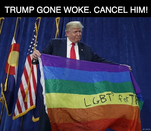 Woke Trump | TRUMP GONE WOKE. CANCEL HIM! | image tagged in pride,donald trump,political meme | made w/ Imgflip meme maker
