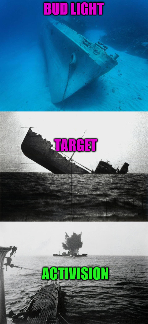 The Left's Fleet | BUD LIGHT; TARGET; ACTIVISION | image tagged in sunken moskva | made w/ Imgflip meme maker
