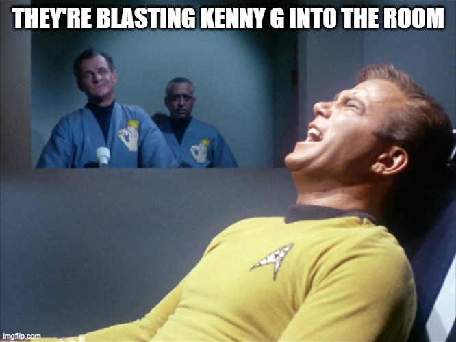 Painful | THEY'RE BLASTING KENNY G INTO THE ROOM | image tagged in captain kirk star trek agony | made w/ Imgflip meme maker