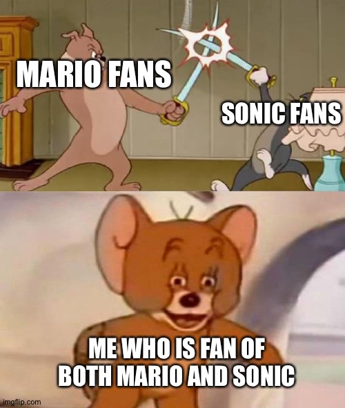 Mario and Sonic are both awesome! | MARIO FANS; SONIC FANS; ME WHO IS FAN OF BOTH MARIO AND SONIC | image tagged in tom and jerry swordfight,mario,sonic the hedgehog | made w/ Imgflip meme maker