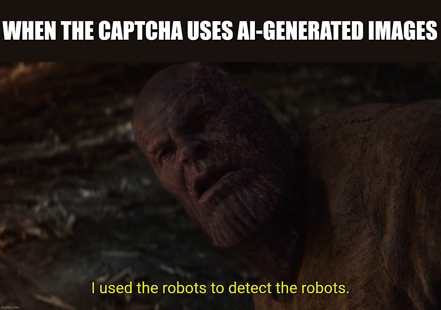 i used the stones to destroy the stones | WHEN THE CAPTCHA USES AI-GENERATED IMAGES; I used the robots to detect the robots. | image tagged in i used the stones to destroy the stones | made w/ Imgflip meme maker