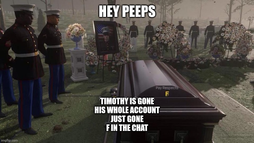 Press F to Pay Respects | HEY PEEPS; TIMOTHY IS GONE
HIS WHOLE ACCOUNT
JUST GONE
F IN THE CHAT | image tagged in press f to pay respects | made w/ Imgflip meme maker