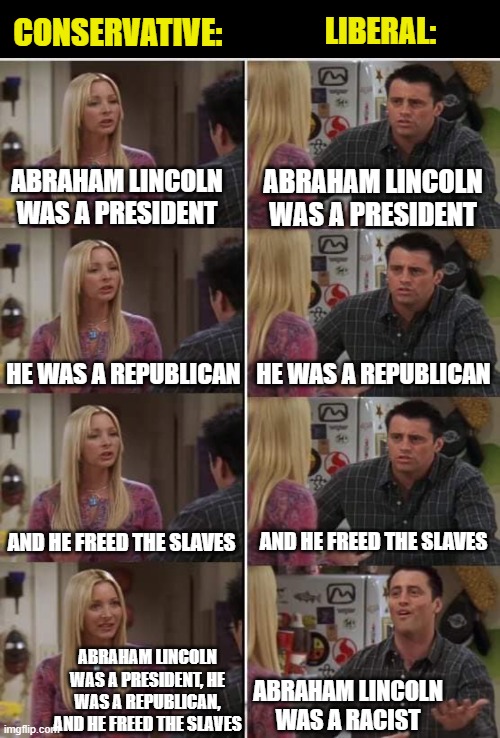 phoebe joey | LIBERAL:; CONSERVATIVE:; ABRAHAM LINCOLN WAS A PRESIDENT; ABRAHAM LINCOLN WAS A PRESIDENT; HE WAS A REPUBLICAN; HE WAS A REPUBLICAN; AND HE FREED THE SLAVES; AND HE FREED THE SLAVES; ABRAHAM LINCOLN WAS A PRESIDENT, HE WAS A REPUBLICAN, AND HE FREED THE SLAVES; ABRAHAM LINCOLN WAS A RACIST | image tagged in black bar,phoebe joey | made w/ Imgflip meme maker