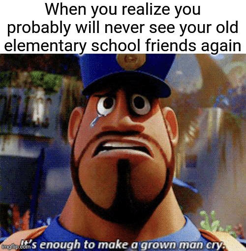 *starts remembering my old school* | When you realize you probably will never see your old elementary school friends again | image tagged in it's enough to make a grown man cry,memes,school,elementary,friends,school days | made w/ Imgflip meme maker