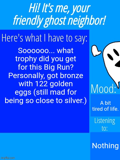 Ghostplay's announcement template | Soooooo... what trophy did you get for this Big Run? Personally, got bronze with 122 golden eggs (still mad for being so close to silver.); A bit tired of life. Nothing | image tagged in ghostplay's announcement template | made w/ Imgflip meme maker