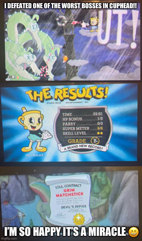 I only have Dr. Kahl’s robot and Wally Warbles to beat until the finale! | I DEFEATED ONE OF THE WORST BOSSES IN CUPHEAD!! I’M SO HAPPY IT’S A MIRACLE 😄 | image tagged in im in for a ride with kahls bot,grim matchstick is dead yay,gaming achievements,share your own photos | made w/ Imgflip meme maker