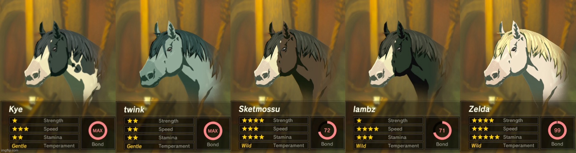 All my horses :] (skettmosu is sketchy, Moss and mush mixed into one word- lol-) | image tagged in the legend of zelda breath of the wild,oh my god i want tears of the kingdom,so badly help- | made w/ Imgflip meme maker