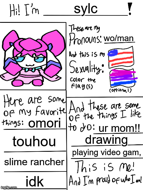 bal!! | sylc; wo/man; omori; ur mom!! touhou; drawing; playing video gam, slime rancher; idk | image tagged in lgbtq stream account profile | made w/ Imgflip meme maker