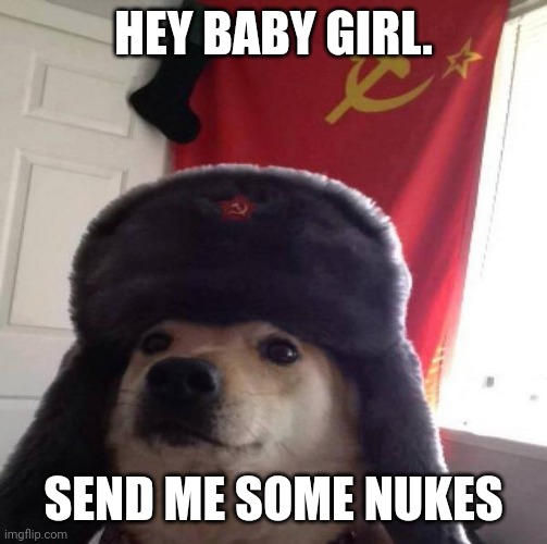 Russian Doge | HEY BABY GIRL. SEND ME SOME NUKES | image tagged in russian doge | made w/ Imgflip meme maker