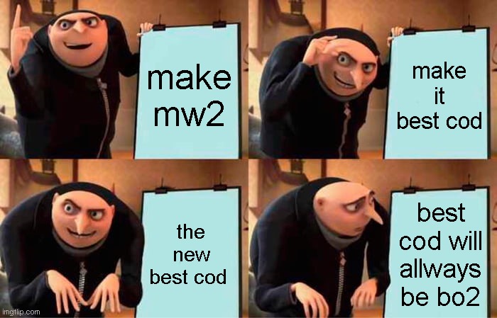 Gru's Plan Meme | make mw2; make it best cod; the new best cod; best cod will allways be bo2 | image tagged in memes,gru's plan | made w/ Imgflip meme maker