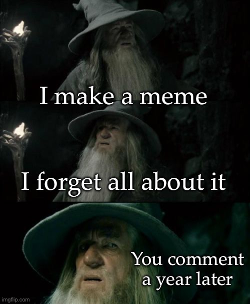 So this just happened | I make a meme I forget all about it You comment a year later | image tagged in memes,confused gandalf | made w/ Imgflip meme maker