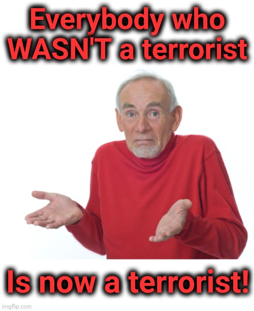 Guess I'll die  | Everybody who WASN'T a terrorist Is now a terrorist! | image tagged in guess i'll die | made w/ Imgflip meme maker