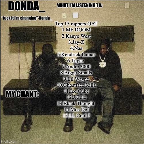 Donda | Top 15 rappers OAT
1.MF DOOM
2.Kanye West
3.Jay-Z
4.Nas
5.Kendrick Lamar
6.Tupac 
7.Andre 3000
8.Bigge Smalls
9.Lil Wayne
10.Ghostface Killa
11.Ice Cube
12.J.Cole
13.Black Thought 
14.Mos Def
15.LL Cool J | image tagged in donda | made w/ Imgflip meme maker