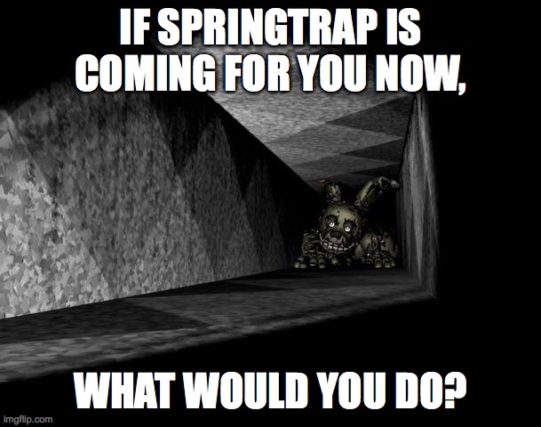 Random FNaF question (1) | IF SPRINGTRAP IS COMING FOR YOU NOW, WHAT WOULD YOU DO? | image tagged in fnaf 3,question,springtrap,fnaf,william afton | made w/ Imgflip meme maker