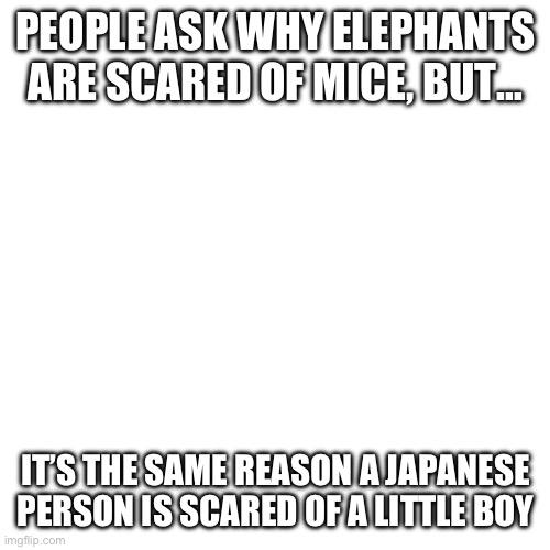 Blank Transparent Square Meme | PEOPLE ASK WHY ELEPHANTS ARE SCARED OF MICE, BUT…; IT’S THE SAME REASON A JAPANESE PERSON IS SCARED OF A LITTLE BOY | image tagged in memes,blank transparent square | made w/ Imgflip meme maker