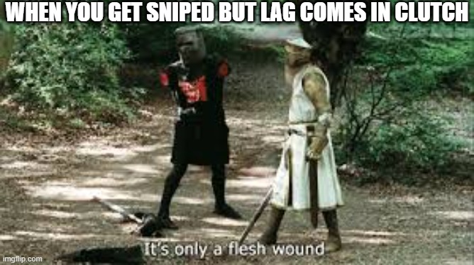 true story btw | WHEN YOU GET SNIPED BUT LAG COMES IN CLUTCH | image tagged in it's just a flesh wound | made w/ Imgflip meme maker