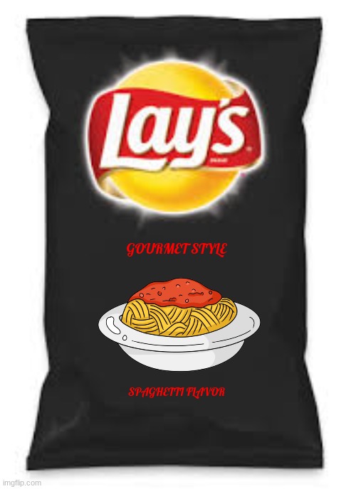 rejected potato chip flavors part 7 | GOURMET STYLE; SPAGHETTI FLAVOR | image tagged in lays do us a flavor blank black,rejected,flavors,fake,spaghetti | made w/ Imgflip meme maker