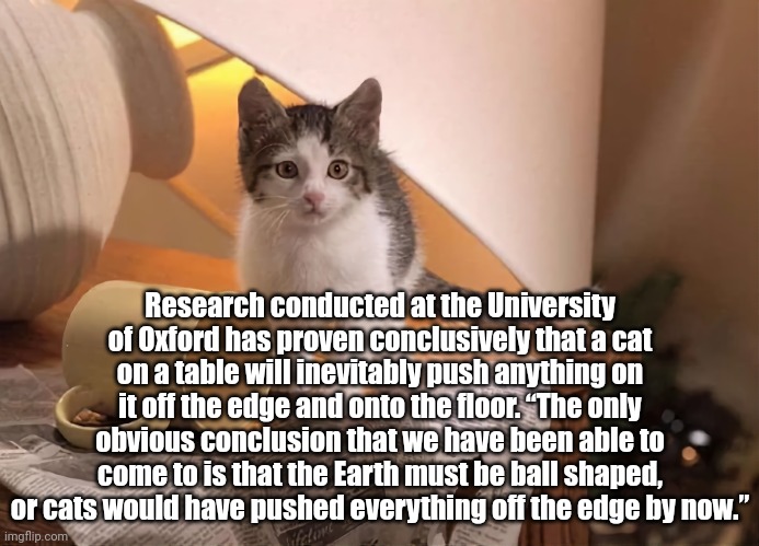 Flat Earth Theory Debunked | Research conducted at the University of Oxford has proven conclusively that a cat on a table will inevitably push anything on it off the edge and onto the floor. “The only obvious conclusion that we have been able to come to is that the Earth must be ball shaped, or cats would have pushed everything off the edge by now.” | image tagged in cats,flat earth,gravity falls | made w/ Imgflip meme maker